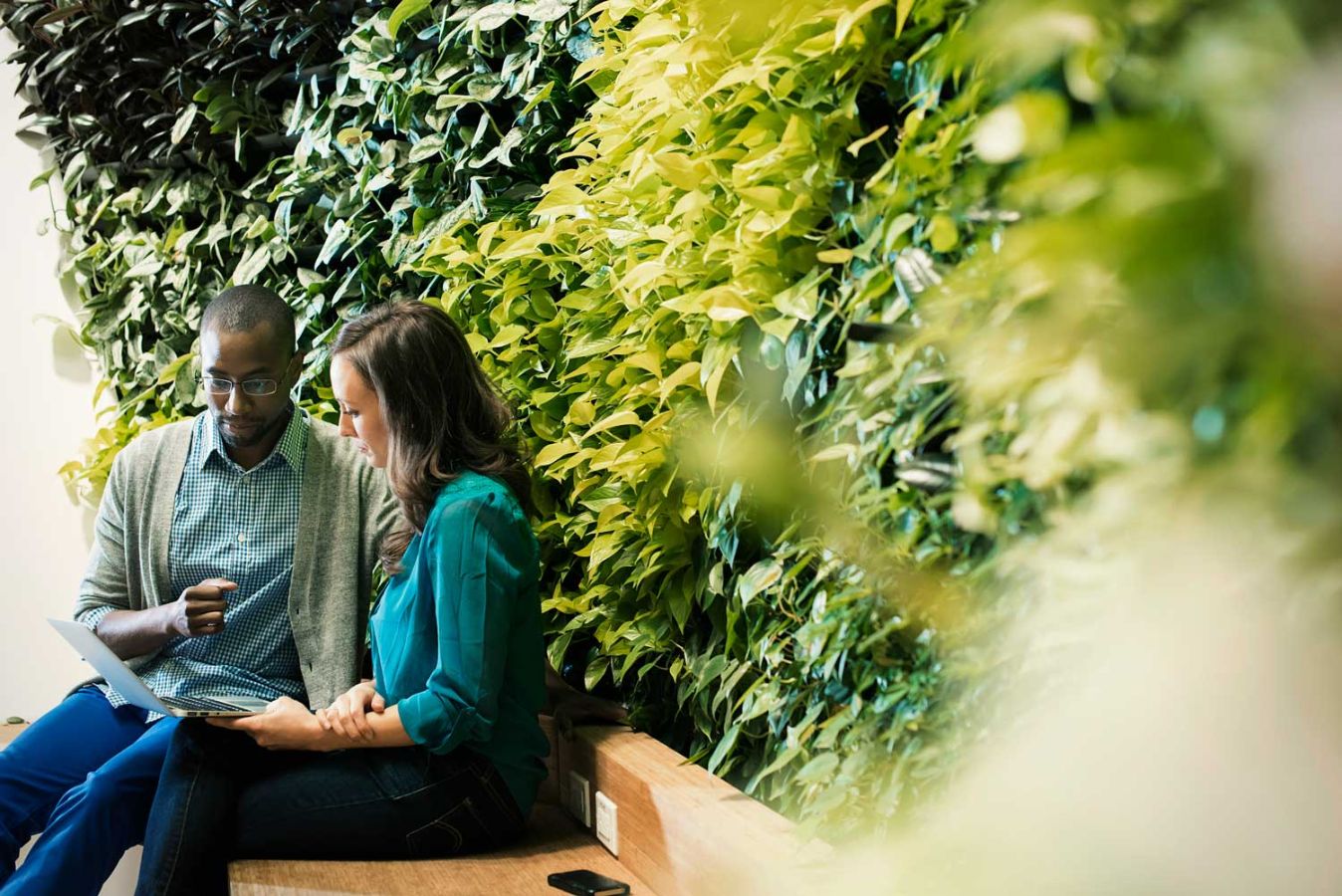 man and woman sitting on a bench in front of a bush