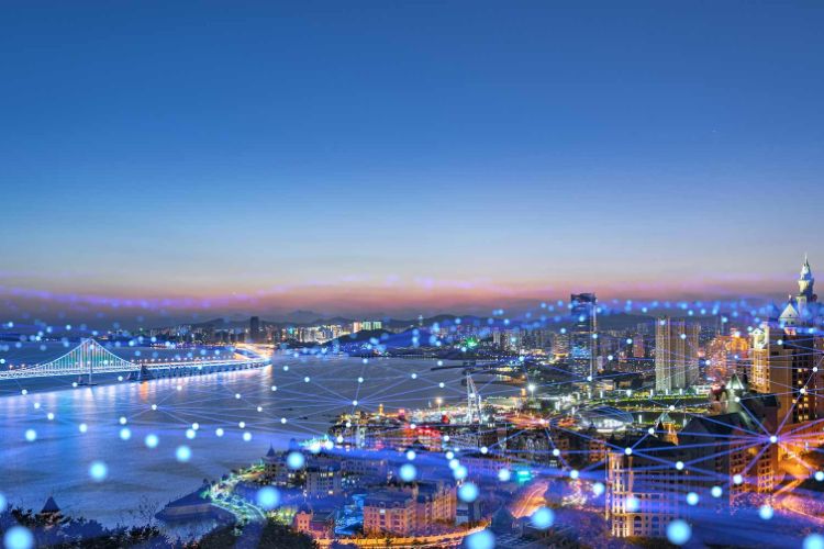 City skyline with connecting dots scattered over the scene